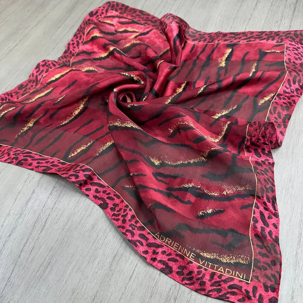 Adrienne Vittadini Red Animal Print Silk Scarf Tiger Cheetah Leopard 21